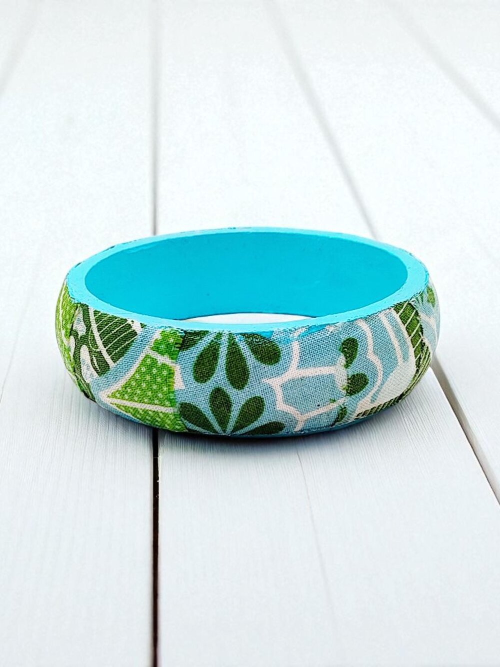 Handmade Retro Blue & Green Wood and Fabric-Covered Bangle Bracelet